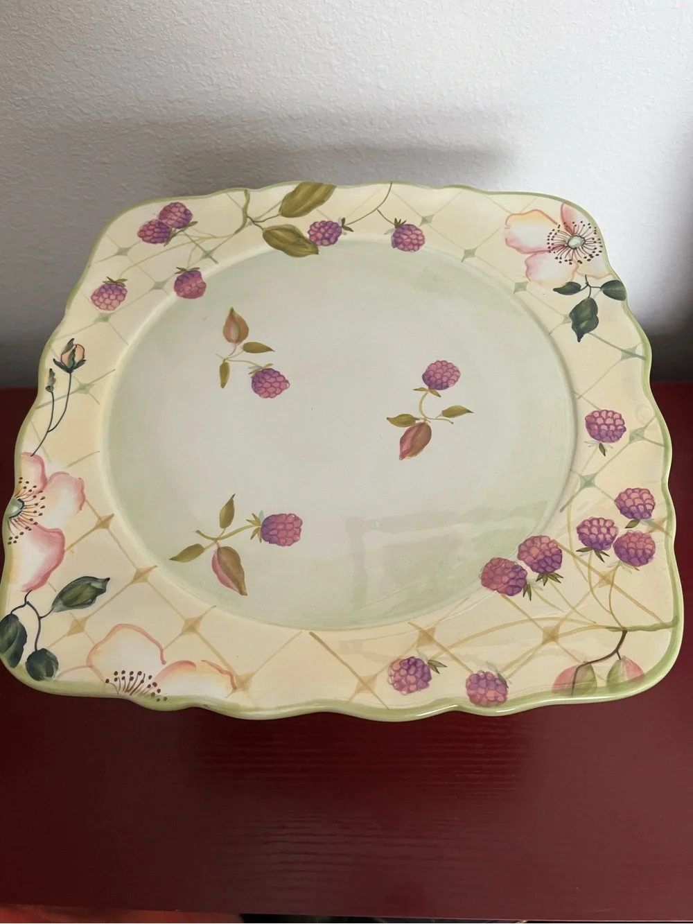Tracy Porter Evelyn Collect Square Pedestal Cake Stand Hand Painted Raspberries